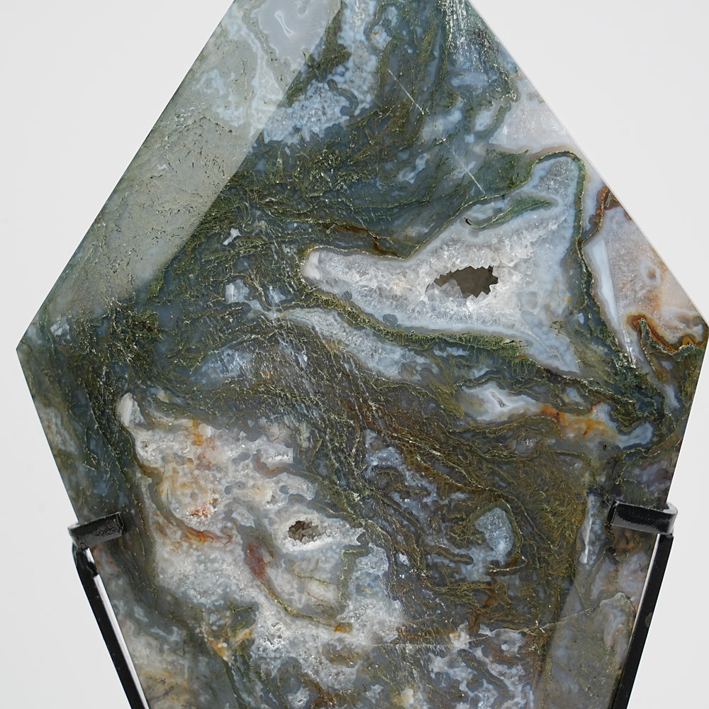 Unique,Natural Crystal Moss Agate Diamond Slice With Stand
