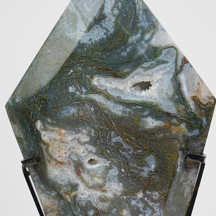 Unique,Natural Crystal Moss Agate Diamond Slice With Stand