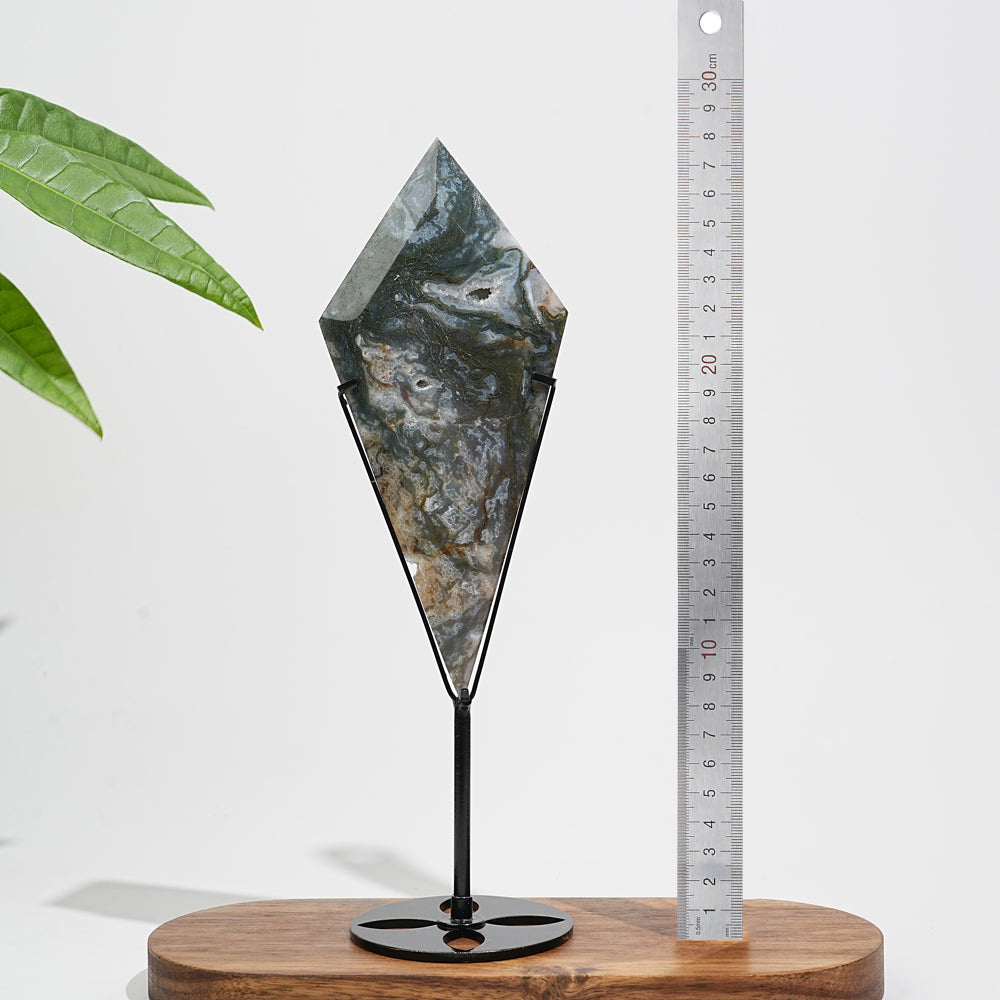 Unique,Natural Crystal Moss Agate Diamond Slice With Stand