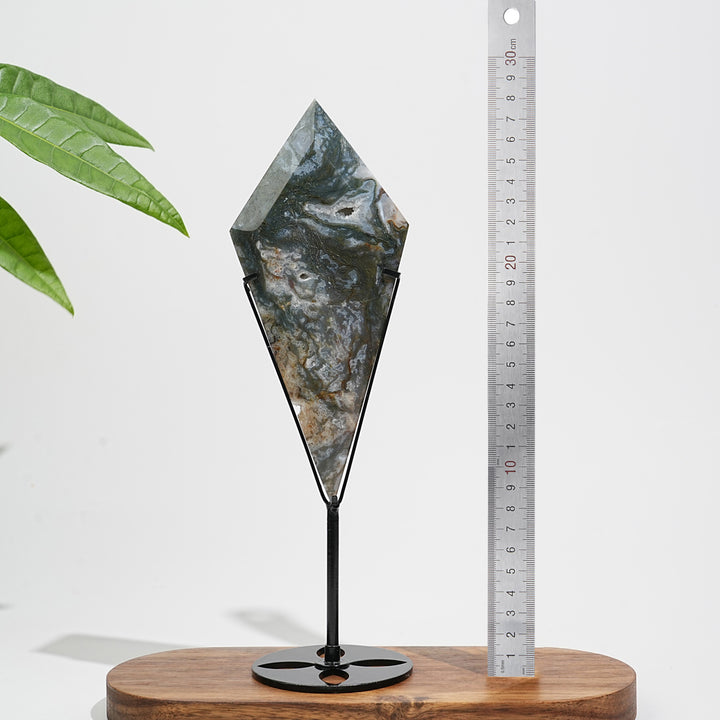 Unique,Natural Crystal Moss Agate Diamond Slice With Stand