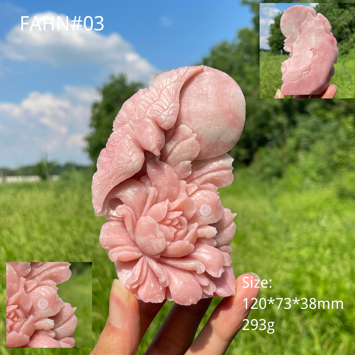 Unique,A Slightly Imperfect Natural Crystal Pink Opal Flower And Bird Carving