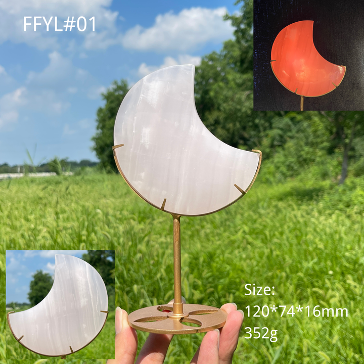 Unique,Natural Crystal Pink Calcite Moon With Stand