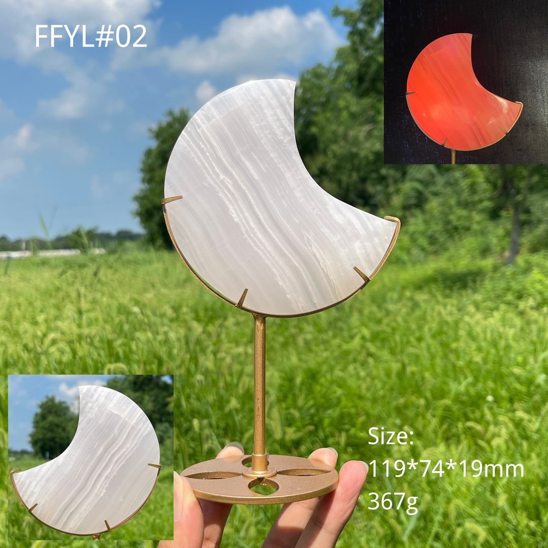 Unique,Natural Crystal Pink Calcite Moon With Stand