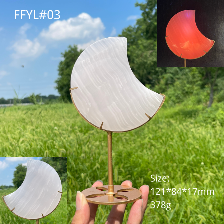Unique,Natural Crystal Pink Calcite Moon With Stand