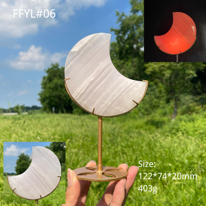 Unique,Natural Crystal Pink Calcite Moon With Stand