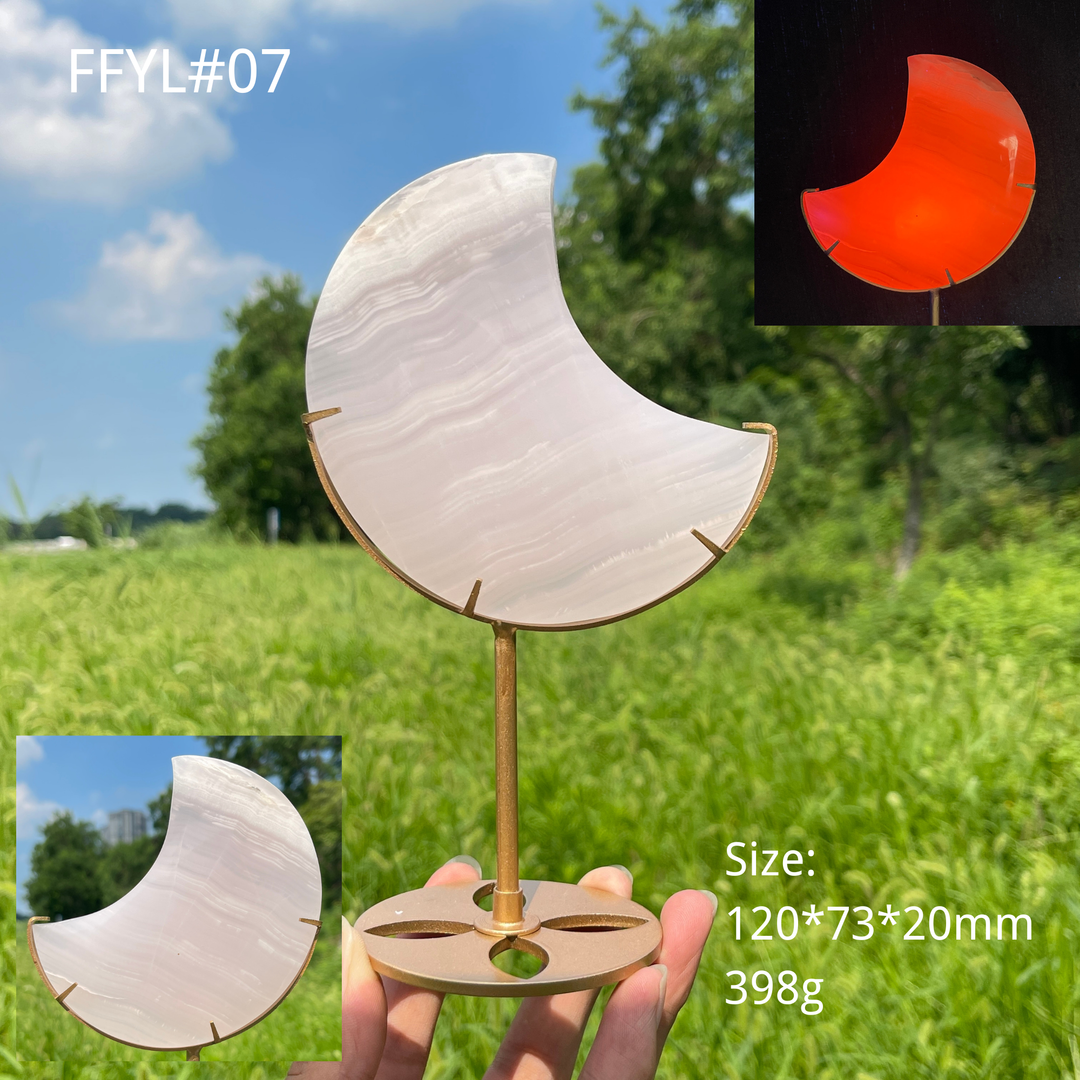 Unique,Natural Crystal Pink Calcite Moon With Stand