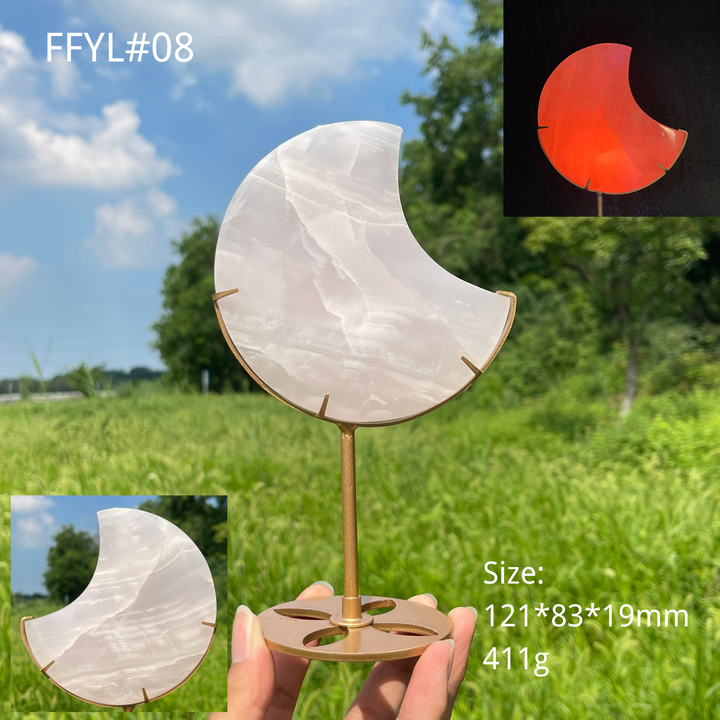 Unique,Natural Crystal Pink Calcite Moon With Stand