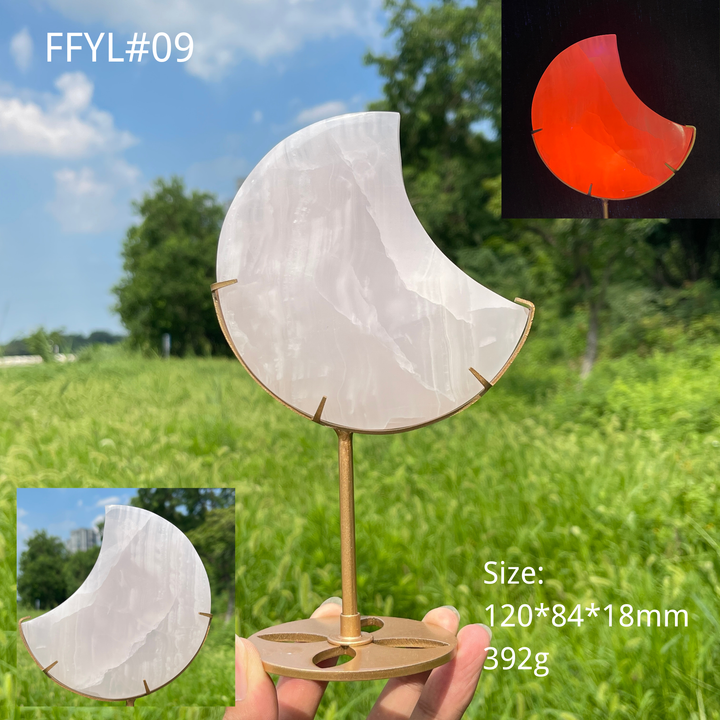 Unique,Natural Crystal Pink Calcite Moon With Stand