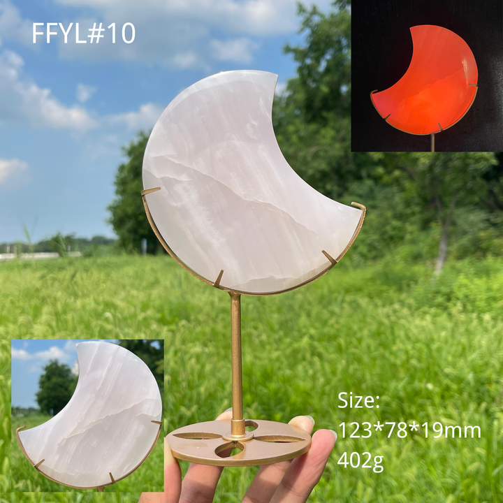 Unique,Natural Crystal Pink Calcite Moon With Stand