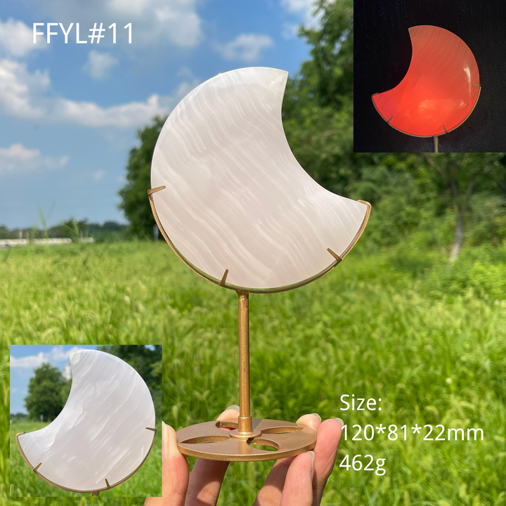 Unique,Natural Crystal Pink Calcite Moon With Stand