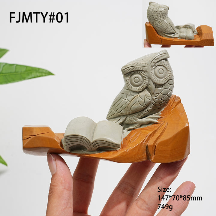 Unique,A Slightly Imperfect Natural Crystal Calcite Owl With Book Carving