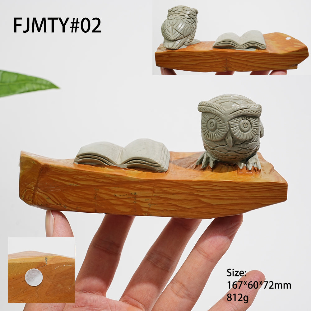 Unique,A Slightly Imperfect Natural Crystal Calcite Owl With Book Carving