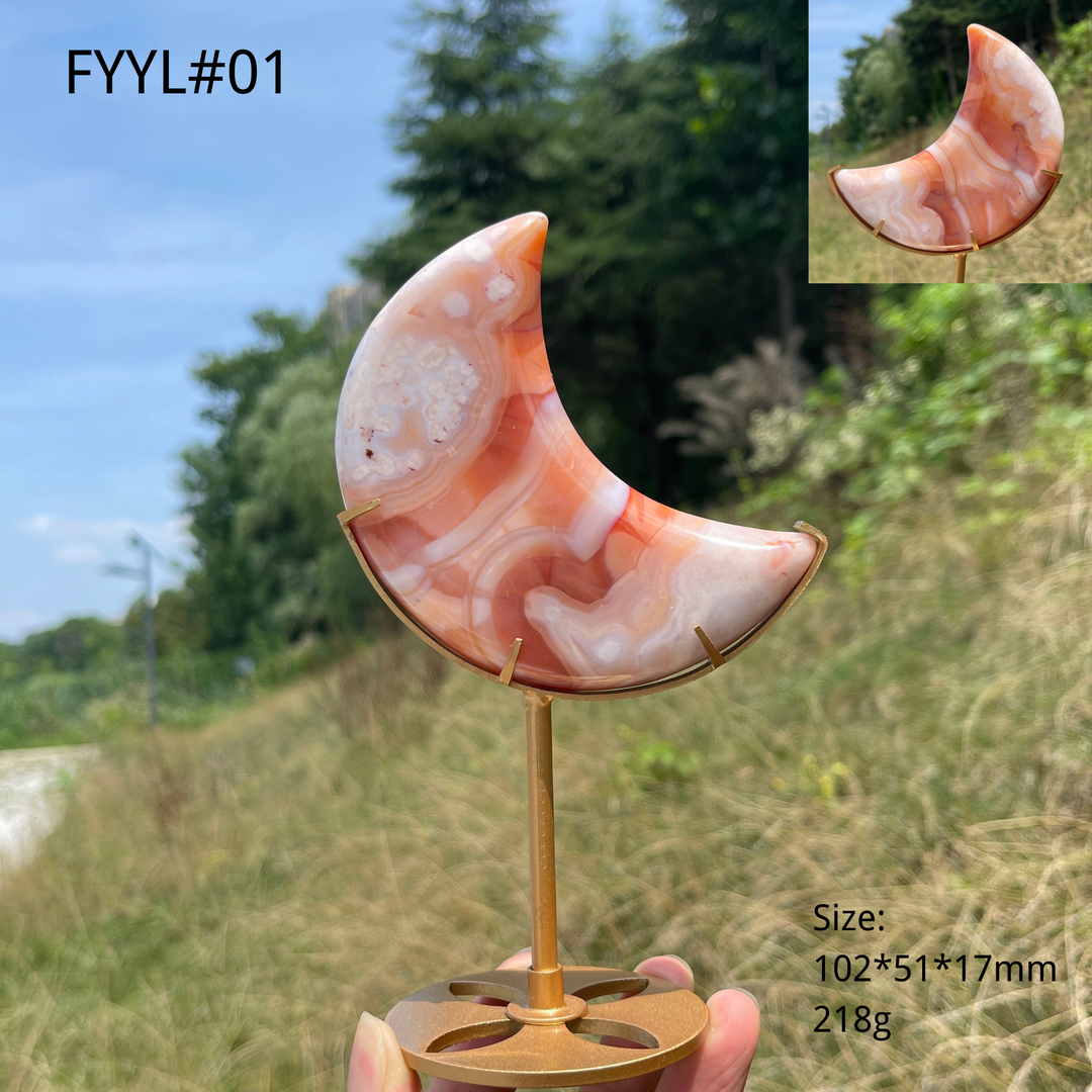 Unique,Natural Crystal Pink Flower Agate Moon With Stand