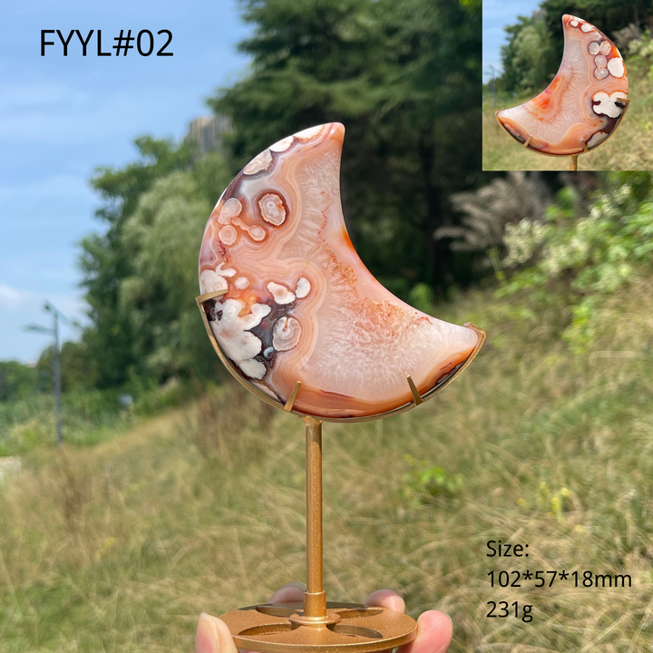 Unique,Natural Crystal Pink Flower Agate Moon With Stand