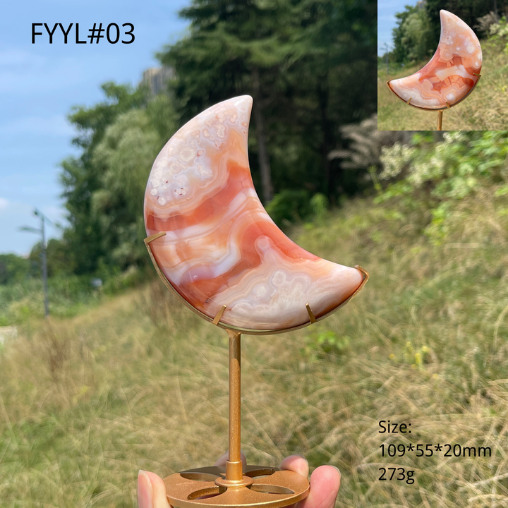 Unique,Natural Crystal Pink Flower Agate Moon With Stand