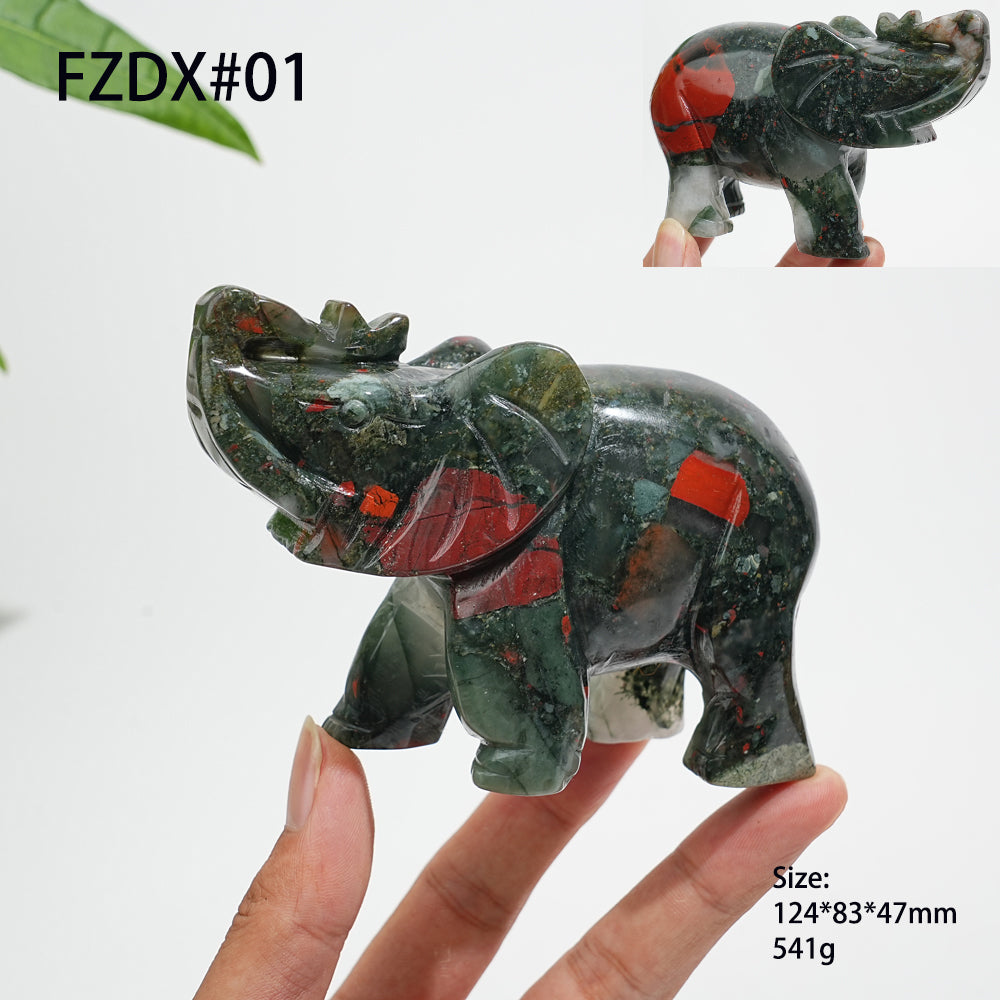 Unique,Natural Crystal African Bloodstone Upturned Trunk Elephant Carving