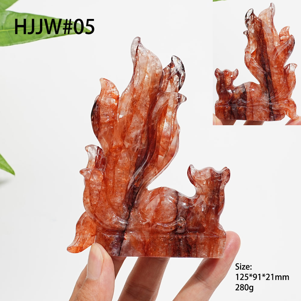 Unique,Natural Crystal Fire Quartz Nine-Tailed Fox Carving