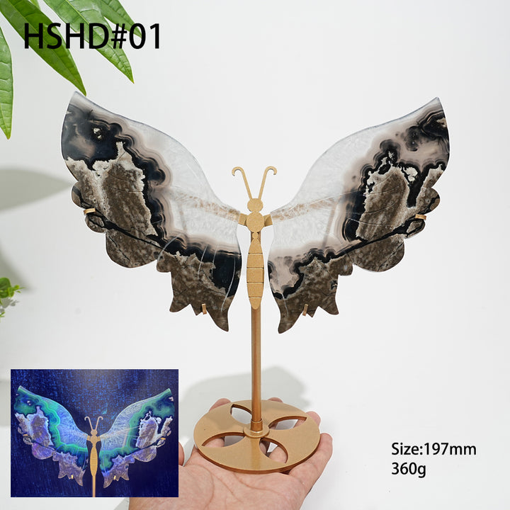 Unique,Natural Crystal Volcanic Agate Butterfly Wing With Stand