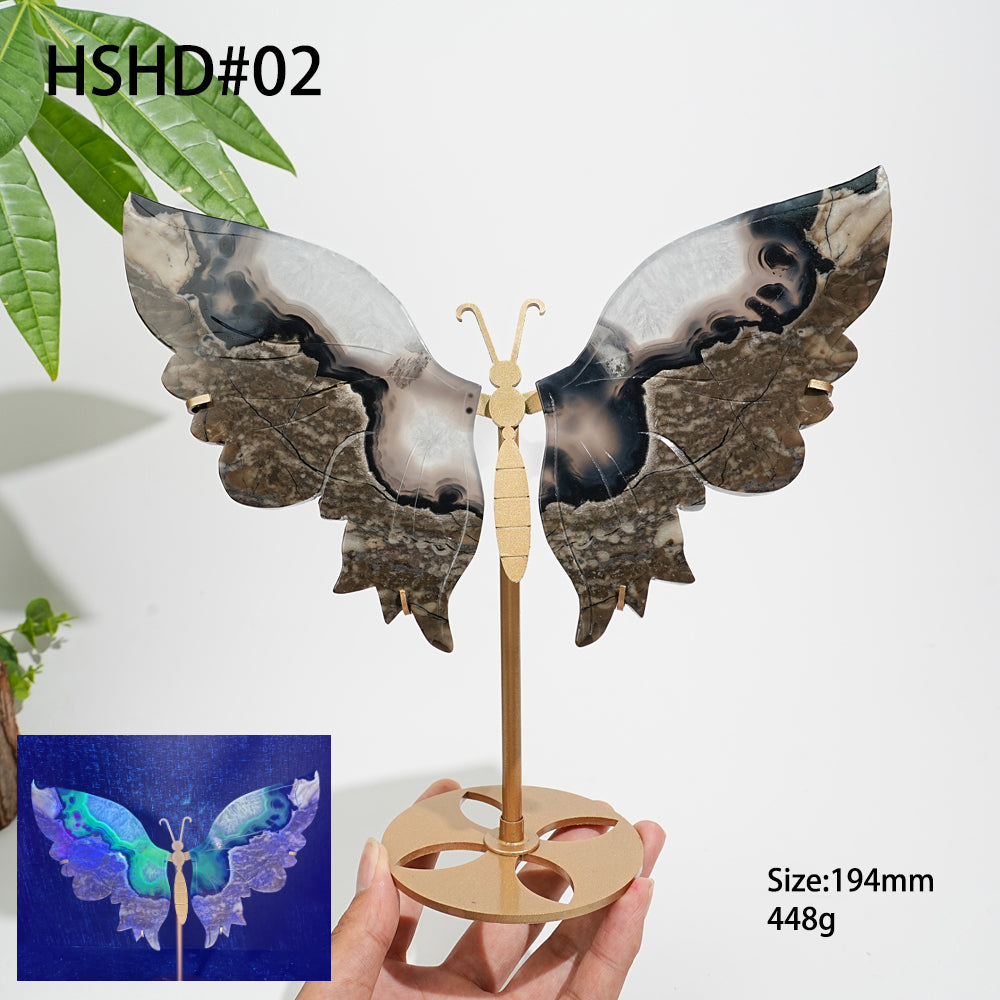 Unique,Natural Crystal Volcanic Agate Butterfly Wing With Stand