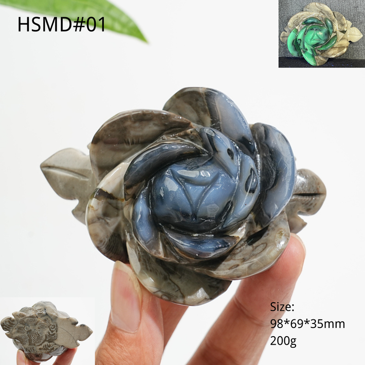 Unique,Natural Crystal Volcanic Agate Peony Flower Carving