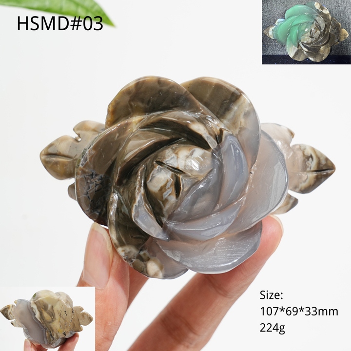 Unique,Natural Crystal Volcanic Agate Peony Flower Carving