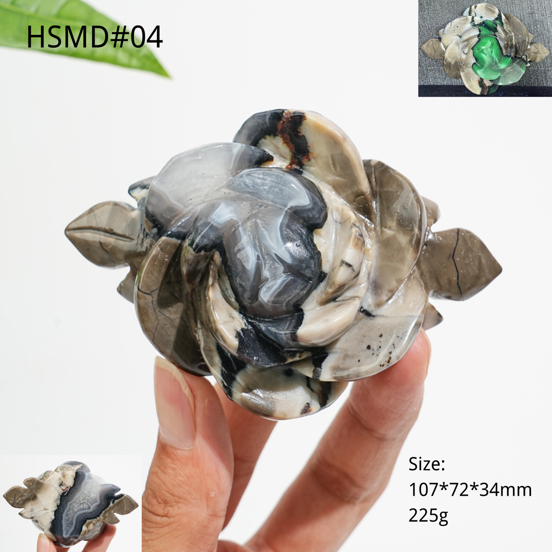 Unique,Natural Crystal Volcanic Agate Peony Flower Carving