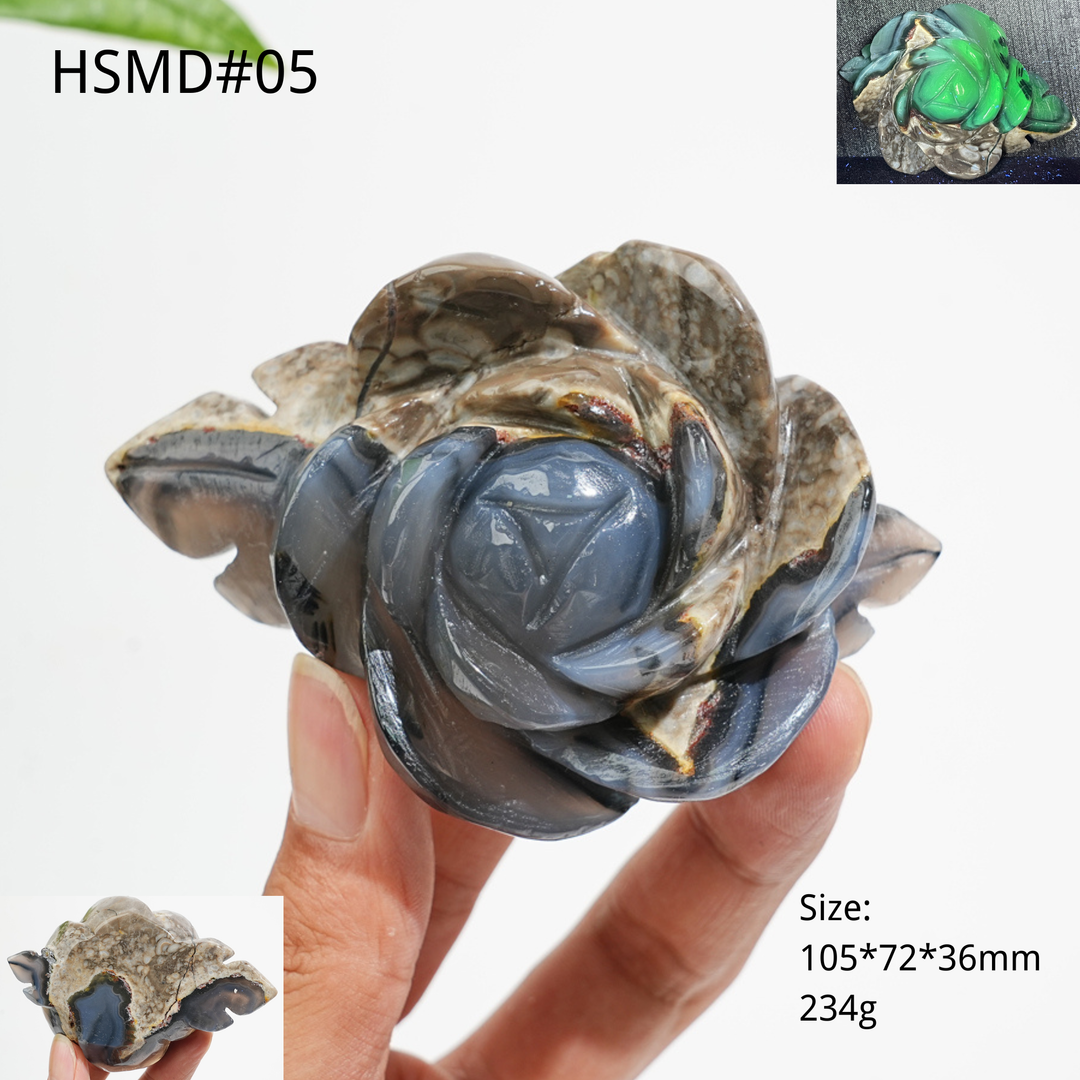 Unique,Natural Crystal Volcanic Agate Peony Flower Carving