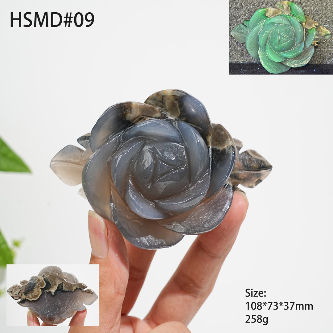Unique,Natural Crystal Volcanic Agate Peony Flower Carving