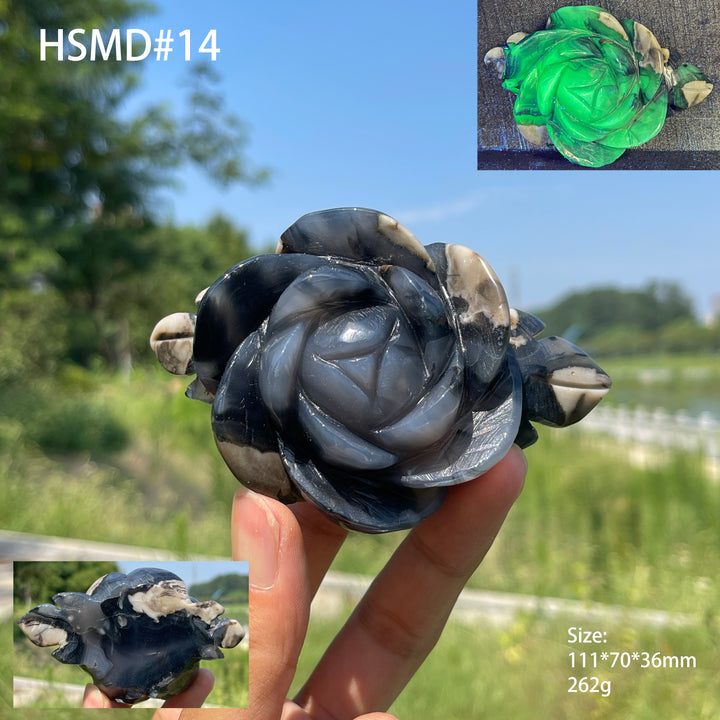 Unique,Natural Crystal Volcanic Agate Peony Flower Carving