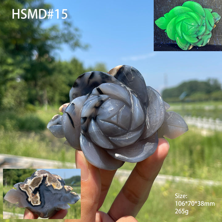 Unique,Natural Crystal Volcanic Agate Peony Flower Carving