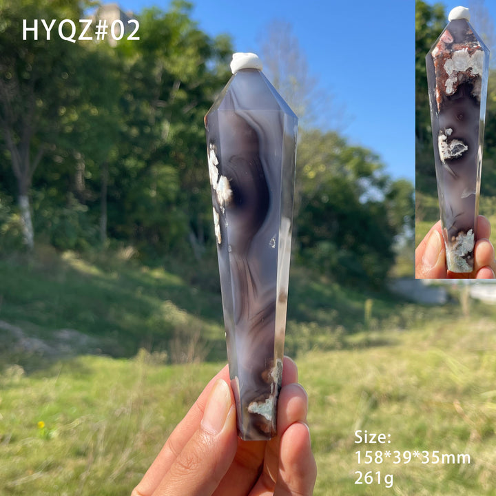 Unique,Natural Crystal Black Flower Agate Wand