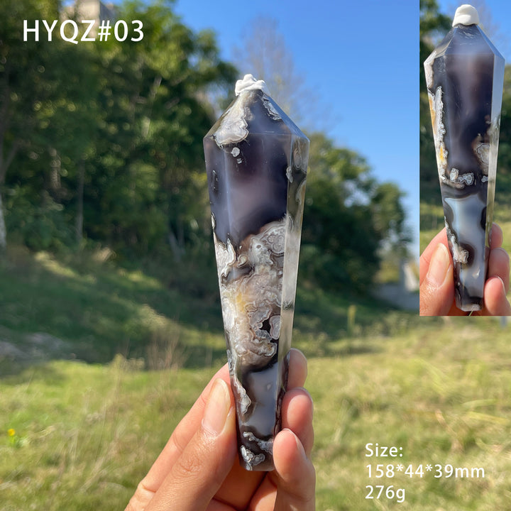 Unique,Natural Crystal Black Flower Agate Wand