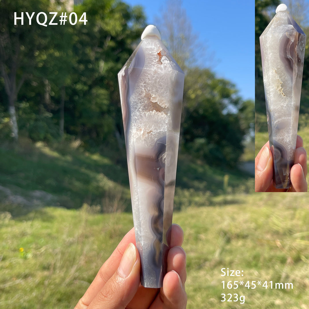 Unique,Natural Crystal Black Flower Agate Wand