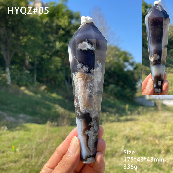 Unique,Natural Crystal Black Flower Agate Wand