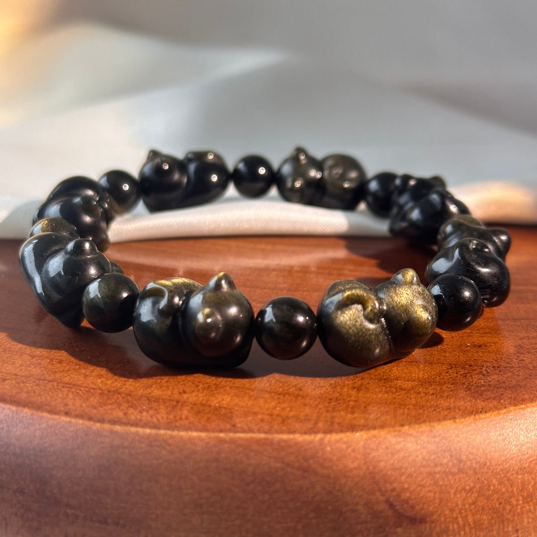 Golden Obsidian Cat Bead Bracelet 11.2-11.6mm