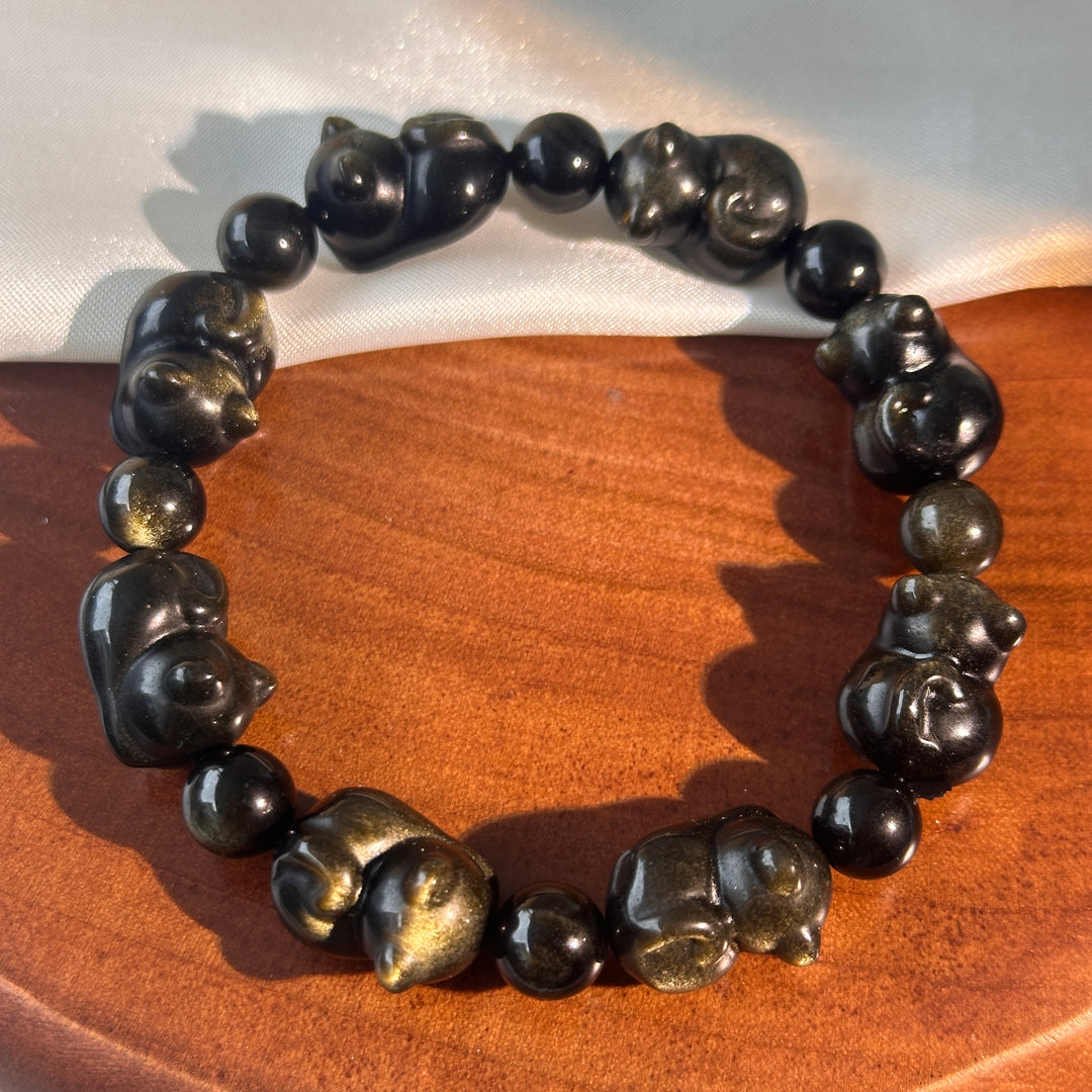Golden Obsidian Cat Bead Bracelet 11.2-11.6mm