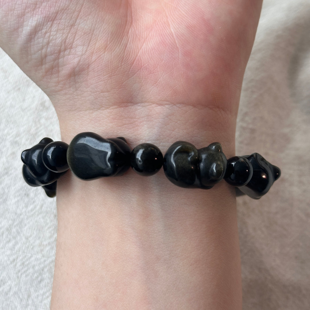 Golden Obsidian Cat Bead Bracelet 11.2-11.6mm