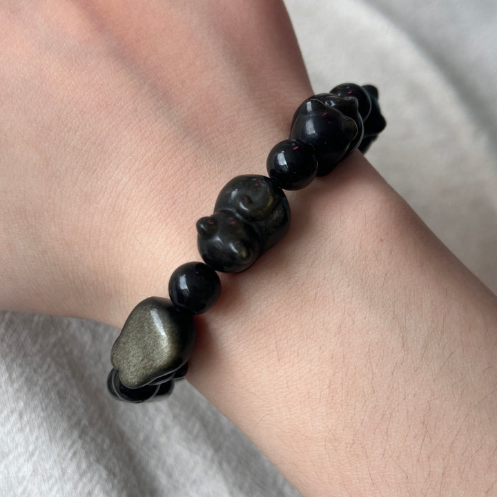 Golden Obsidian Cat Bead Bracelet 11.2-11.6mm