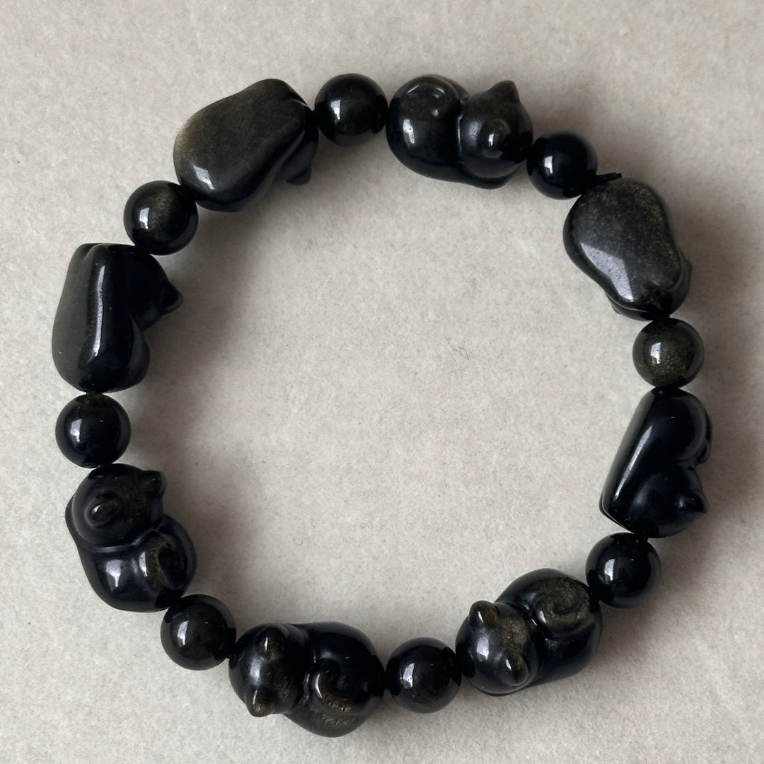 Golden Obsidian Cat Bead Bracelet 11.2-11.6mm