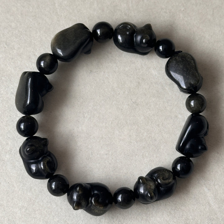 Golden Obsidian Cat Bead Bracelet 11.2-11.6mm
