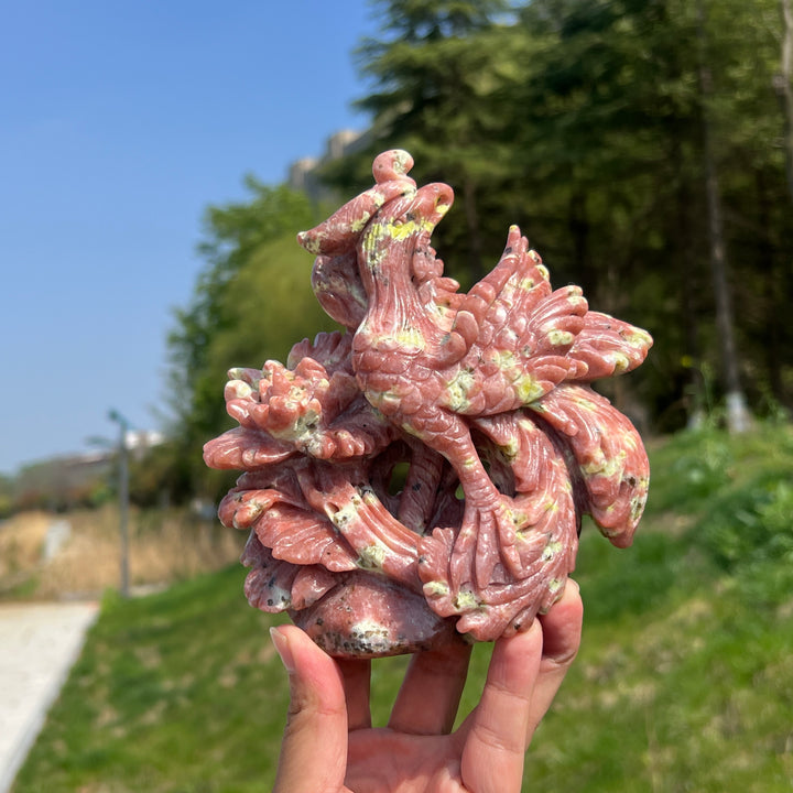Unique,Natural Red Calcite with Serpentine and Phlogopite Phoenix Carving