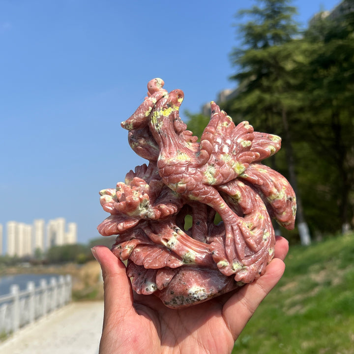 Unique,Natural Red Calcite with Serpentine and Phlogopite Phoenix Carving