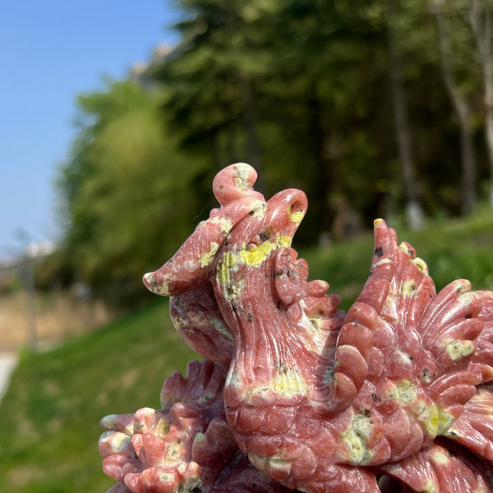 Unique,Natural Red Calcite with Serpentine and Phlogopite Phoenix Carving
