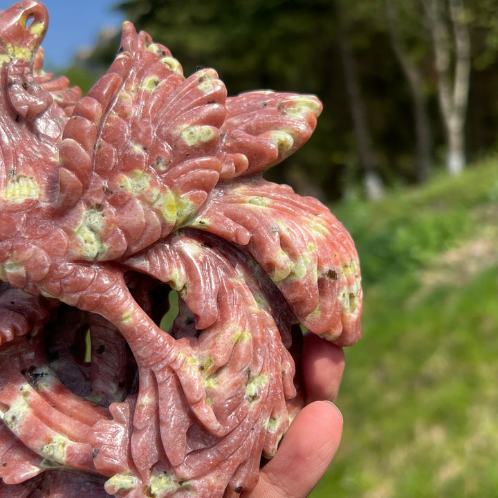 Unique,Natural Red Calcite with Serpentine and Phlogopite Phoenix Carving