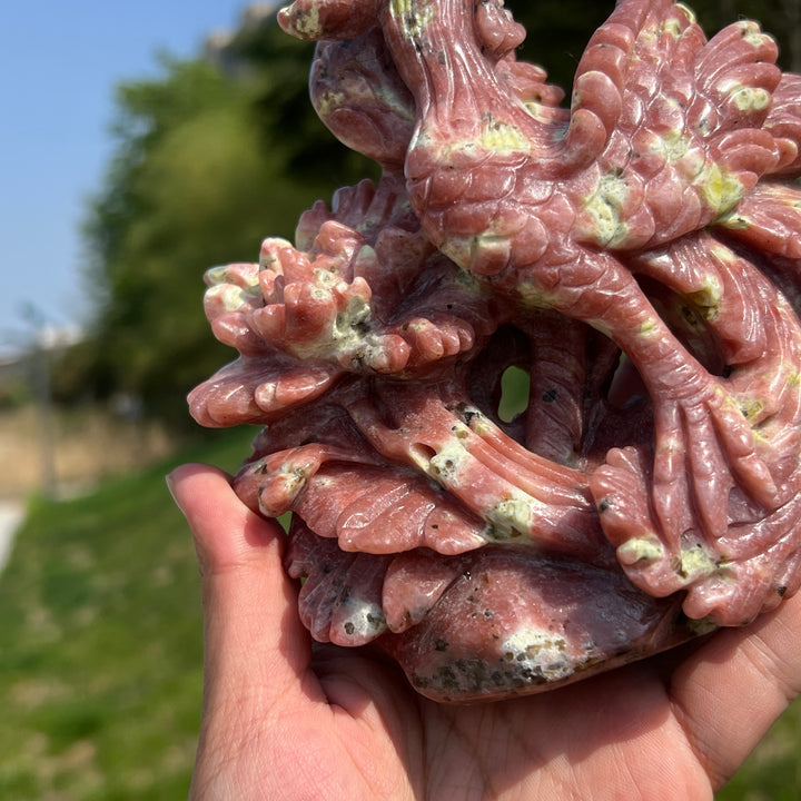 Unique,Natural Red Calcite with Serpentine and Phlogopite Phoenix Carving