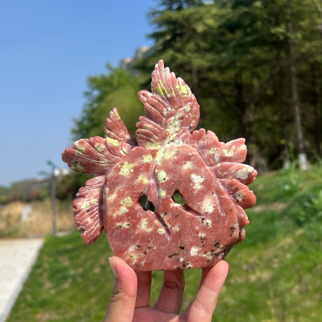 Unique,Natural Red Calcite with Serpentine and Phlogopite Phoenix Carving
