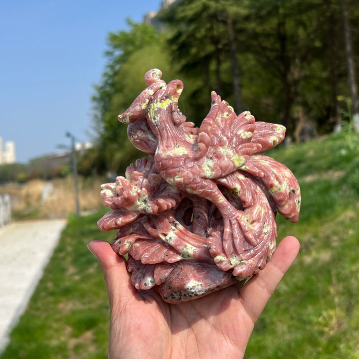 Unique,Natural Red Calcite with Serpentine and Phlogopite Phoenix Carving