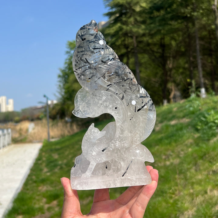 Unique,A Slightly Imperfect Natural Quartz Tourmaline Nine-Tailed Fox Carving