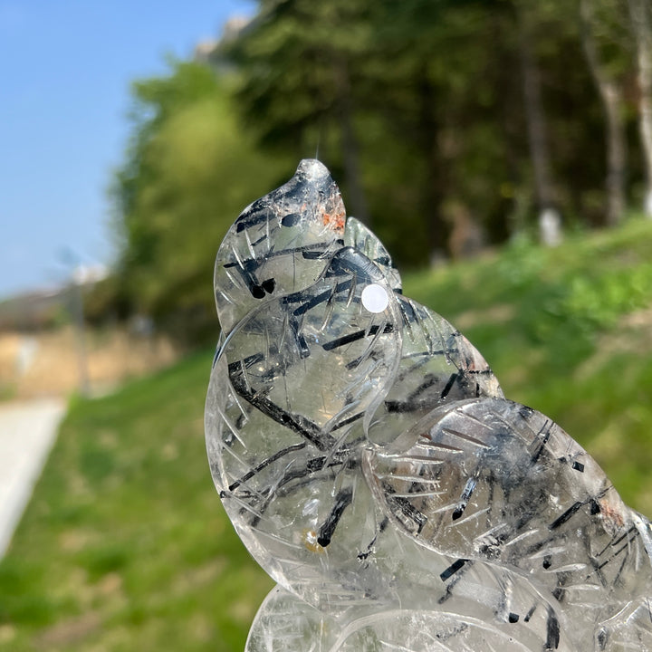 Unique,A Slightly Imperfect Natural Quartz Tourmaline Nine-Tailed Fox Carving