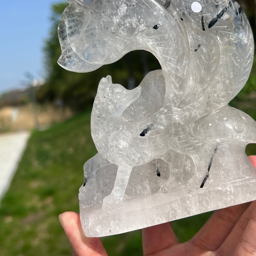 Unique,A Slightly Imperfect Natural Quartz Tourmaline Nine-Tailed Fox Carving